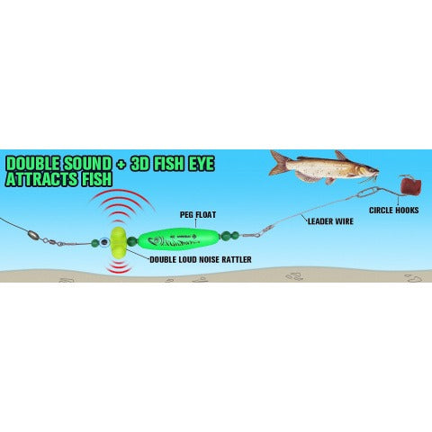 Catfish Rig Santee Cooper Float with Rattler 4pcs Set, Catfishing Tackle Rattle Float Rig for Bank Fishing, High-Quality Circle Hooks Sound Wave Lure for Freshwater Catfish, 2.5 Inch Green