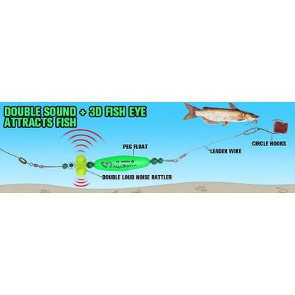 Catfish Rig Santee Cooper Float with Rattler 4pcs Set, Catfishing Tackle Rattle Float Rig for Bank Fishing, High-Quality Circle Hooks Sound Wave Lure for Freshwater Catfish, 2.5 Inch Green