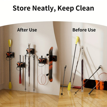 Wall-Mounted Ski & Sports Equipment Storage Rack – Heavy Duty Garage Organizer Hook Set, Holds Up to 100 lbs, Space-Saving Wall Mount for Skis, Poles, Tools & Household Items, Home & Garage Use, 4-Pack