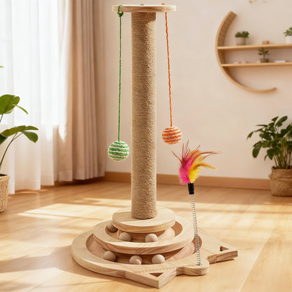 Multi-Level Sisal Cat Scratching Post 4-in-1 with 6 Wooden Balls 2 Hanging Balls & 2 Feather Teaser Toys - Premium Thickened Sisal Anti-Slip Base for Indoor Cats M L XL + Replacement Pillars