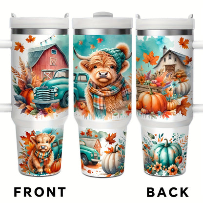 Stainless Steel Insulated Tumbler With Lid and Straw, 40oz & 16oz Highland Cow Thanksgiving Water Bottle With Handle, Keeps Cold 24 Hours Hot 12 Hours, Portable Travel Cup for Car Home Office Birthday Gift