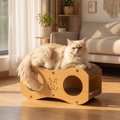 Cat Scratching Post with Integrated Cat Bed - Sturdy Walnut Wood Base, 4-Season Woven Scratch Pad, Indoor Cat Scratcher Lounge for Scratching, Lounging & Play, Oak Color with Optional Cat Toy