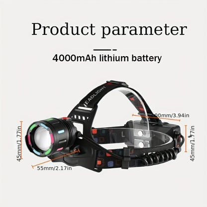 Zoomable LED Headlamp Rechargeable – Adjustable Focal Length, 90° Tilt, Warning Taillight, 4 Modes, Durable Head Torch for Camping, Hiking, Repair Work & Emergency Use