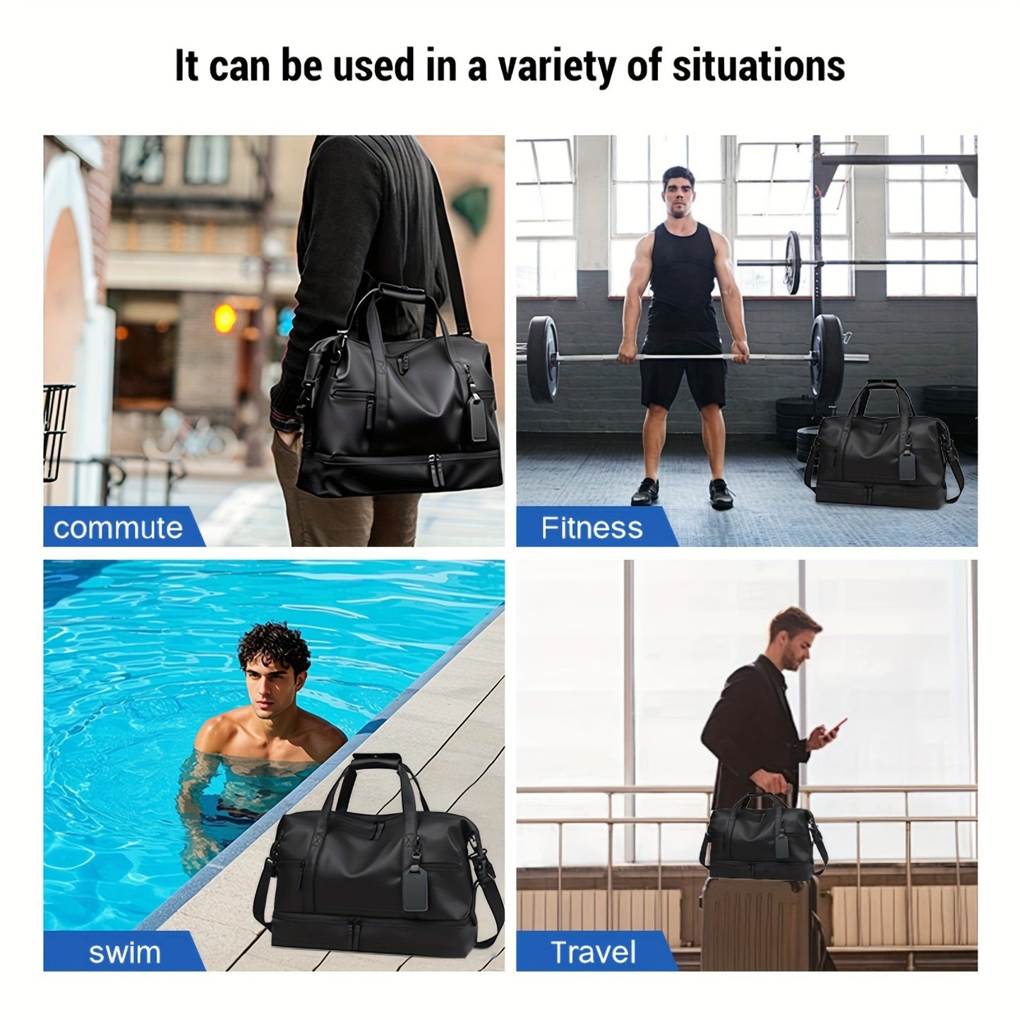 Gym Duffel Bag with Wet Pocket & Shoe Compartment - Foldable PU Leather Sports Travel Bag for Workouts, Weekend Trips & Everyday Use, Lightweight Carry-On Luggage Bag for Men Women (Black/Blue/Grey)