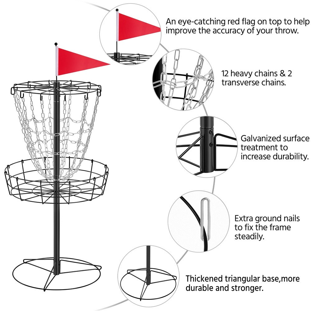 Portable Disc Golf Basket 12 Chain – Heavy Duty Metal Frame, Galvanized Chains, Easy Assembly, Indoor & Outdoor Practice Target for All Skill Levels – 4 Colors: Black, Orange, Red, Blue
