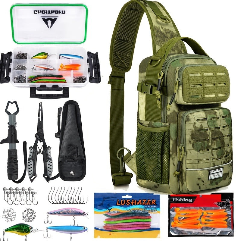Camouflage Fishing Shoulder Bag with Zipper – Tactical Outdoor Gear Bag for Fishing Tackle, Hunting & Camping, Multi-Pocket Crossbody Bag, Available in Green Camo, Black Camo, Black & Khaki, Gift Box Option