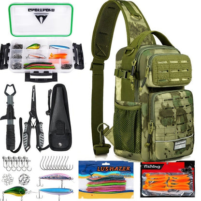 Camouflage Fishing Shoulder Bag with Zipper – Tactical Outdoor Gear Bag for Fishing Tackle, Hunting & Camping, Multi-Pocket Crossbody Bag, Available in Green Camo, Black Camo, Black & Khaki, Gift Box Option