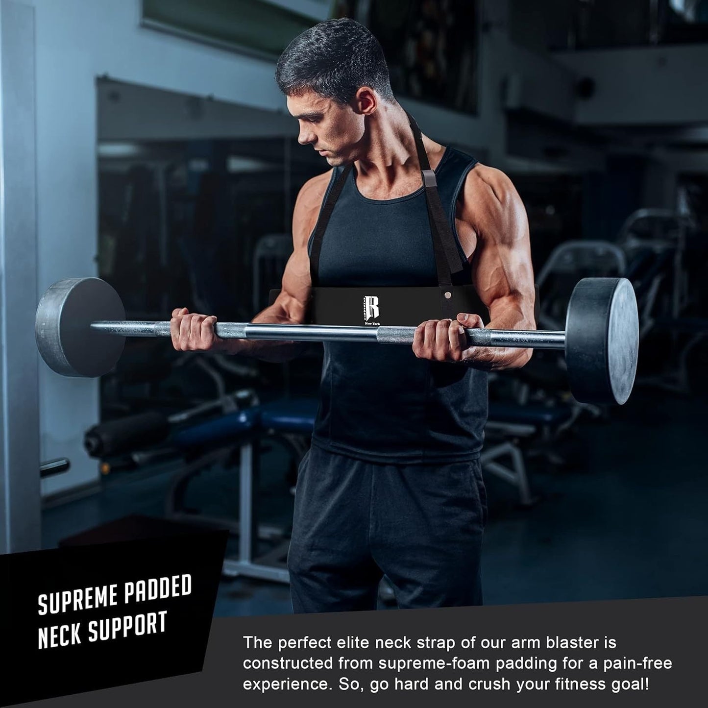 Arm Blaster for Biceps & Triceps – Heavy Duty Aluminum Bicep Curl Isolator, Adjustable Strap with Neck & Elbow Pads, Portable Preacher Curl Alternative for Home Gym