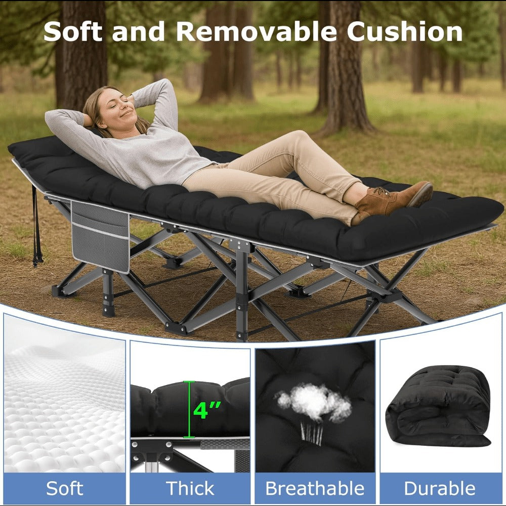 Folding Camping Cot Bed for Adults – Heavy Duty Double Layer Oxford Portable Camp Cot with Soft Pad & Carry Bag for Camping, Beach, Travel & Napping, 450/550/650 LBS Capacity Options
