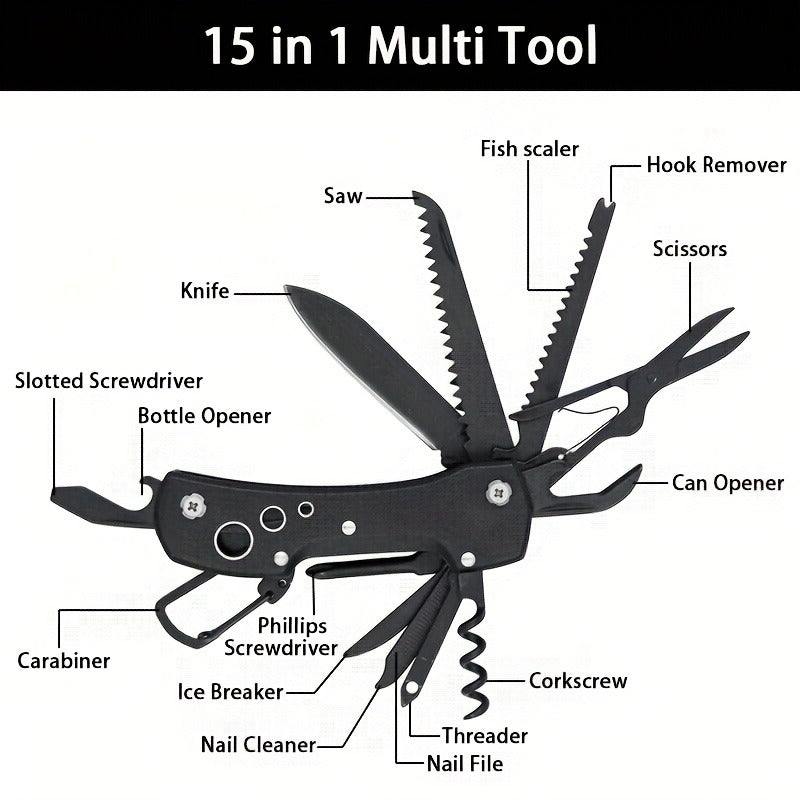 15-in-1 Multitool Pocket Knife – Folding Camping Survival Multi Tool with Screwdrivers & Saw