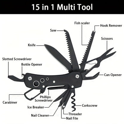 15-in-1 Multitool Pocket Knife – Folding Camping Survival Multi Tool with Screwdrivers & Saw
