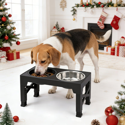Elevated Dog Bowl Stand with 3 Stainless Steel Bowls – 5 Adjustable Heights, Slow Feeder Design for Small Medium Large Dogs | Anti-Slip Raised Dog Feeder Station (Black & Gray)