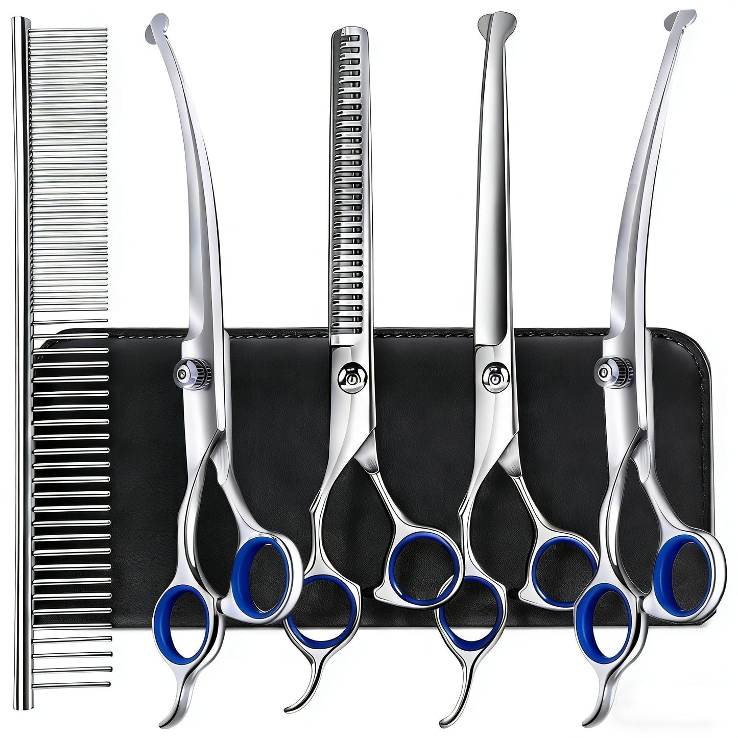 Dog Grooming Scissors Set 7-in-1 Professional Ceramic Coated Stainless Steel Safety Round Tip Straight Thinning Curved Scissors Comb Kit for Dogs Cats
