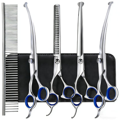 Dog Grooming Scissors Set 7-in-1 Professional Ceramic Coated Stainless Steel Safety Round Tip Straight Thinning Curved Scissors Comb Kit for Dogs Cats