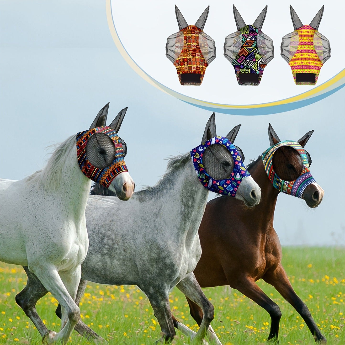Horse Fly Mask with Ears 6-Pack – Soft Elastic Breathable Face Covering for Horses | Smooth Comfortable Fit, Geometric Pattern, Medium Size, Equine Riding Supplies & Fly Protection