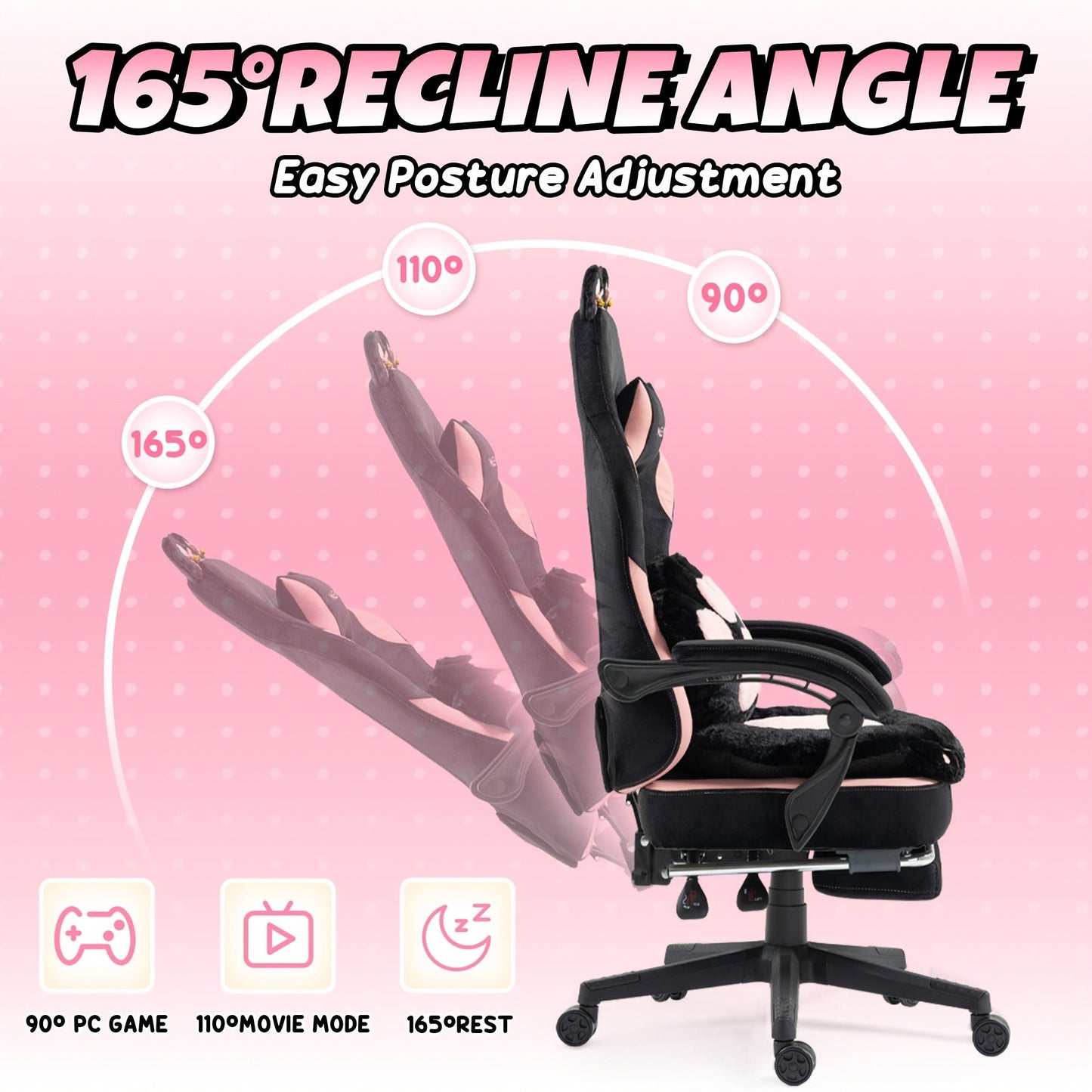 Cat Ear Gaming Chair Ergonomic Reclining Computer Chair with Footrest Paw Lumbar Cushion Wingback PC Game Chair for Girls Adults 300LBS Pink Black Blue
