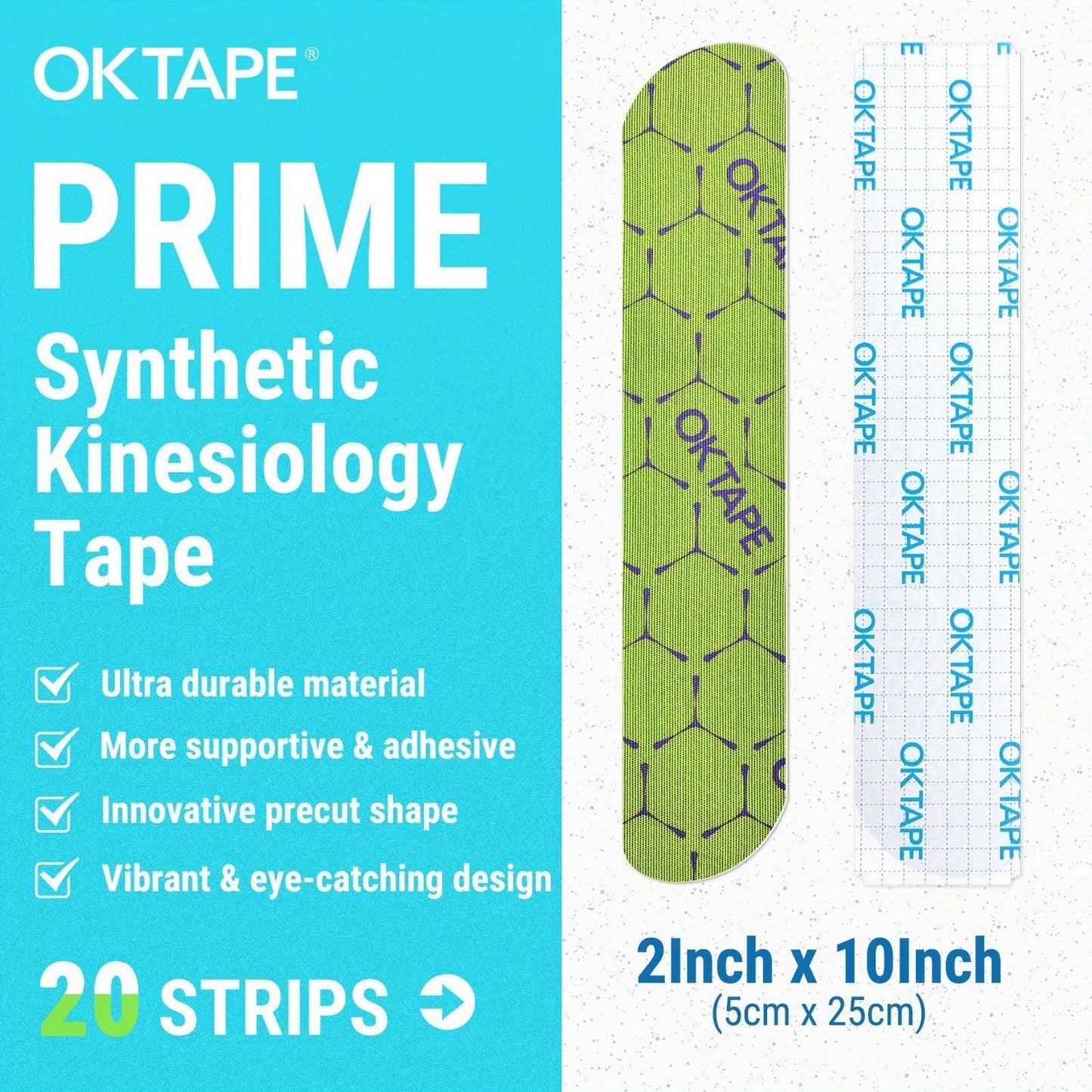 Kinesiology Tape 20 Precut Strips Green – Elastic Athletic Muscle Support Tape, Waterproof Performance K Tape for Sports, Running, Gym & Injury Recovery, 2" x 10" Each Strip