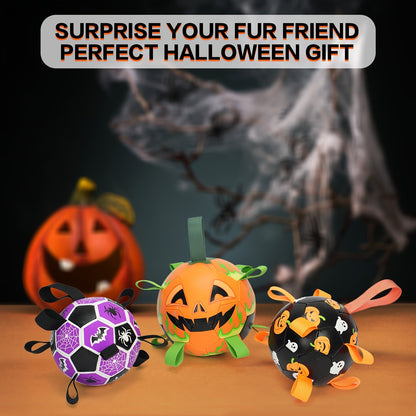 Halloween Dog Ball Toy with Pump - Football Shaped Chew Ball for Dogs, Pumpkin Ghost Design, Durable Rubber Fetch Toy for Small Medium Large Dogs, Festive Pet Gift with Strap, No Battery Required