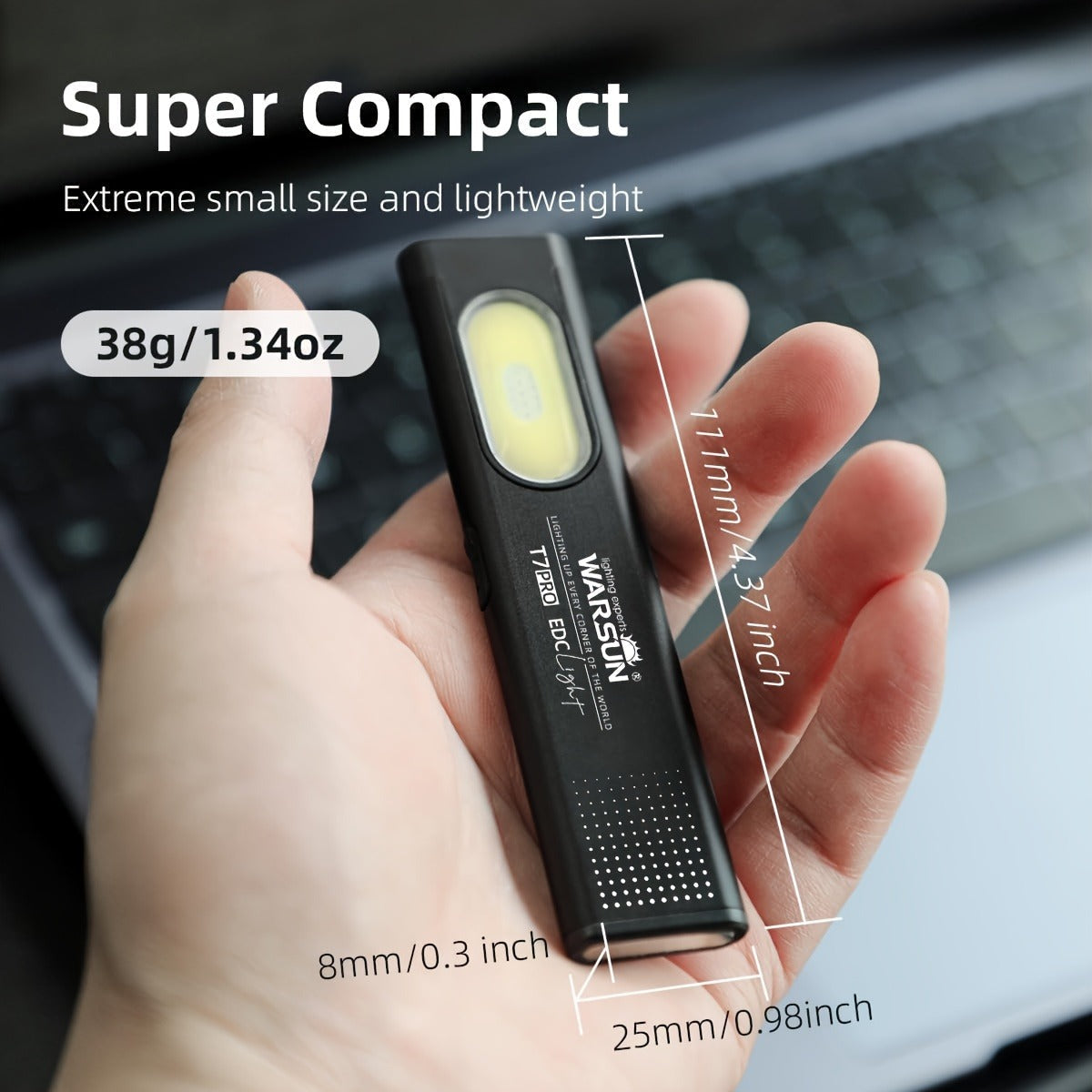 COB Pocket Flashlight USB-C Rechargeable, WARSUN T7 120LM LED Torch with 5 Modes, COB Side Light, Compact EDC Flashlight, Fast Charging, Aluminum Alloy, for Camping Reading Emergency Everyday Carry