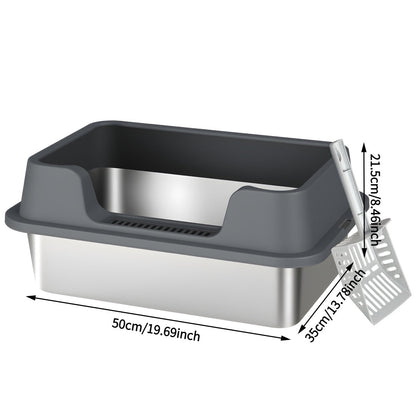 Stainless Steel Cat Litter Box with Scoop - High-Wall Semi-Enclosed Design, Non-Stick Easy Clean Surface, Anti-Leakage Odor Control, 2 Sizes for Kittens & Multiple Cats, Modern Metal Pet Toilet