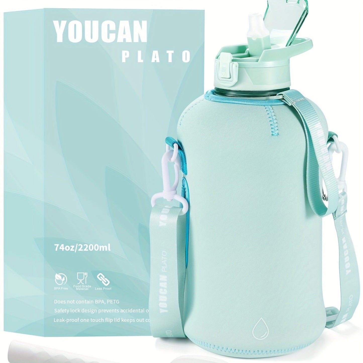 Half Gallon Water Bottle 74oz with Insulated Sleeve, Straw & Time Marker – BPA Free Leakproof Large Sports Jug with Carrying Handle & Strap for Gym, Fitness & Outdoor