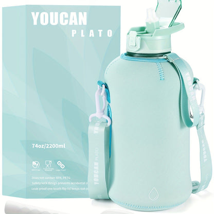 Half Gallon Water Bottle 74oz with Insulated Sleeve, Straw & Time Marker – BPA Free Leakproof Large Sports Jug with Carrying Handle & Strap for Gym, Fitness & Outdoor