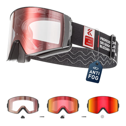 Magnetic Photochromic Ski Goggles OTG Helmet Compatible – 16-Point Magnetic Swap Lens, Triple-Layer Foam, Double Anti-Fog Dual-Layer PC 99.99% UV Protection for Men & Women, Includes Case & Bag
