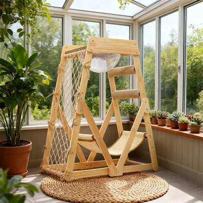 Cat Tree Triangle Cat Tower with Sisal Scratching Posts, Soft Hammock Bed & Hanging Feather Toys – Bamboo Stable Cat Climbing Tower for Indoor Cats, Kittens & Small Cats, Space-Saving Design