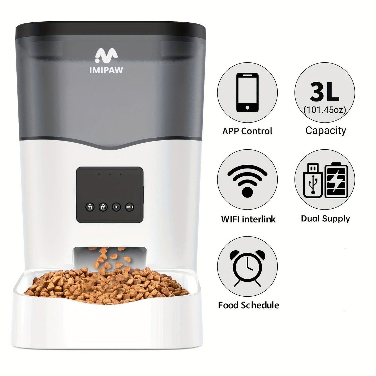 Smart WiFi Automatic Pet Feeder 101oz - App Control, Up to 10 Meals Per Day, HD Camera Option with 2.4G & 5G, Voice Assistant Compatible, USB Powered, Remote Monitoring for Cats & Dogs, IMIPAW