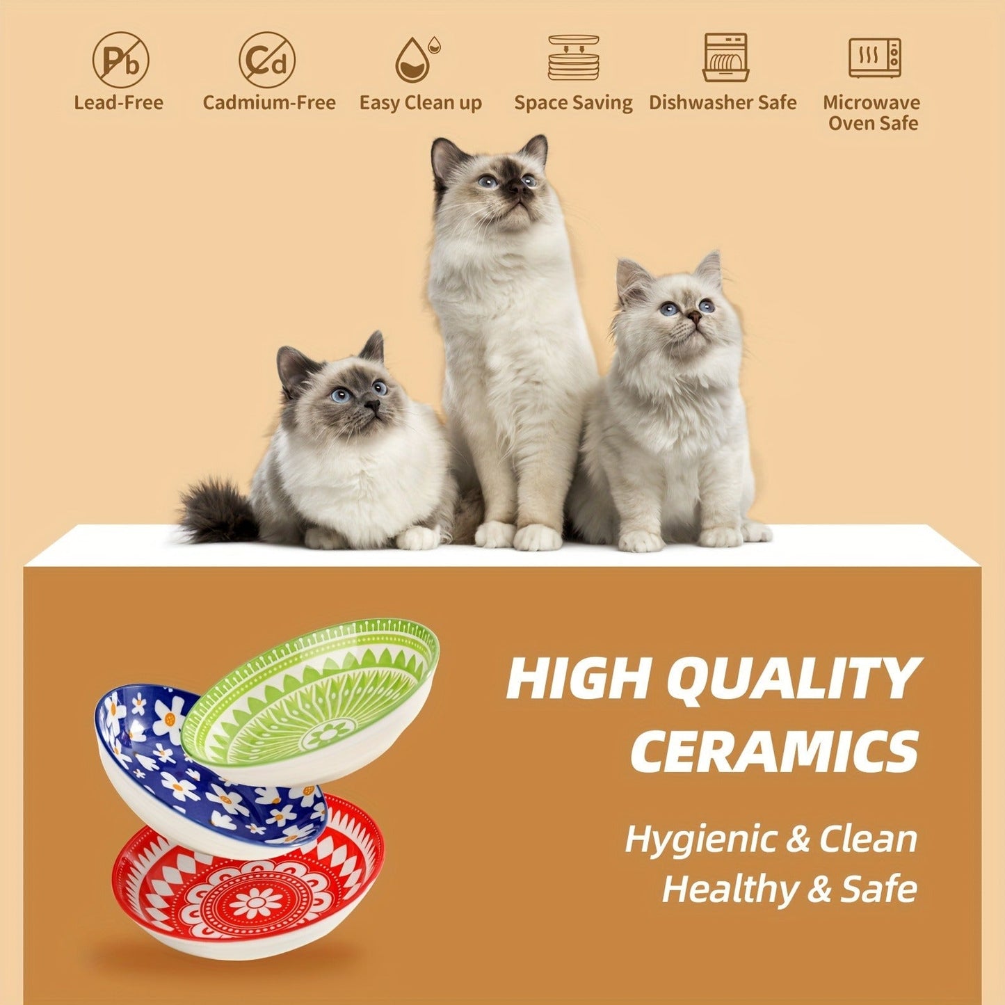 Ceramic Cat Bowls Set of 6 – Shallow Wide Cat Food Plate Whisker Friendly with Non-Slip Mat, Fairy Tales Colorful Design, 5.75" Microwave & Dishwasher Safe Cat Dish 8.5oz