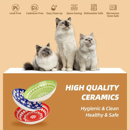 Ceramic Cat Bowls Set of 6 – Shallow Wide Cat Food Plate Whisker Friendly with Non-Slip Mat, Fairy Tales Colorful Design, 5.75" Microwave & Dishwasher Safe Cat Dish 8.5oz