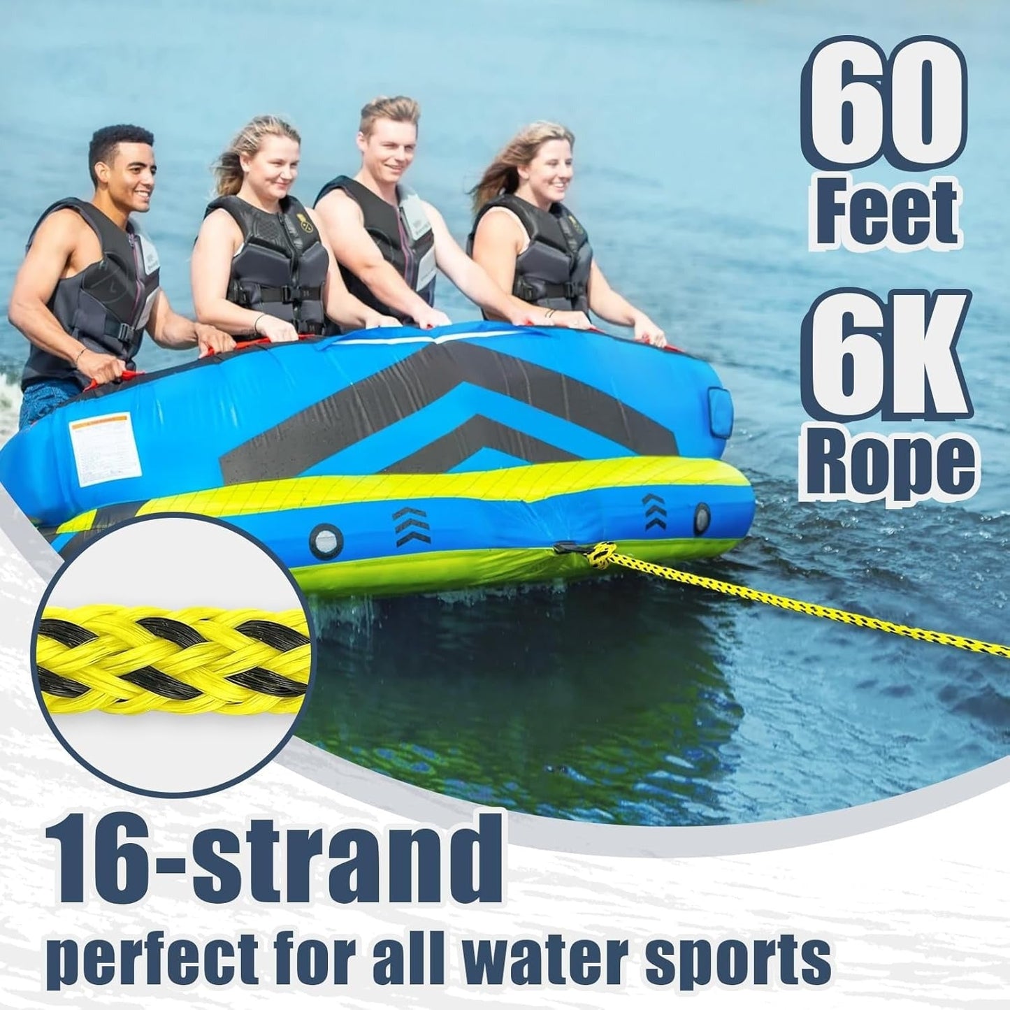Floating Tow Rope 60ft for Towable Tubes, 2000 lbs, Green Blue