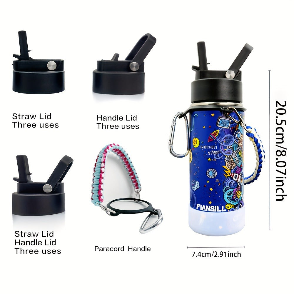 Kids Insulated Water Bottle 16oz with 3D Print Design - Stainless Steel Vacuum Flask, Leak-Proof BPA-Free, One-Hand Lid, Woven Strap & Carabiner, Perfect Student Gift for Boys & Girls, 8 Fun Styles
