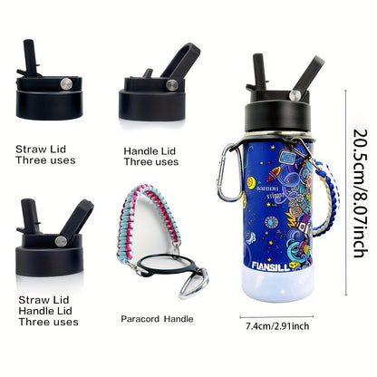 Kids Insulated Water Bottle 16oz with 3D Print Design - Stainless Steel Vacuum Flask, Leak-Proof BPA-Free, One-Hand Lid, Woven Strap & Carabiner, Perfect Student Gift for Boys & Girls, 8 Fun Styles