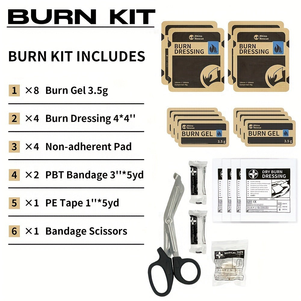 Burn Dressing Kit Emergency First Aid – Rhino Rescue Burn Care Kit with Hydrogel Burn Dressings, Portable Orange Case for Home Outdoor Workplace Camping Survival