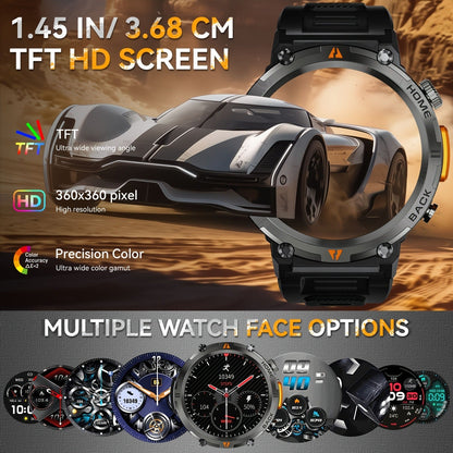 EIGIIS KE3 Rugged Smartwatch for Men – Wireless Calling, HD 1.45" Screen, LED Light, Fitness Tracker, iPhone & Android