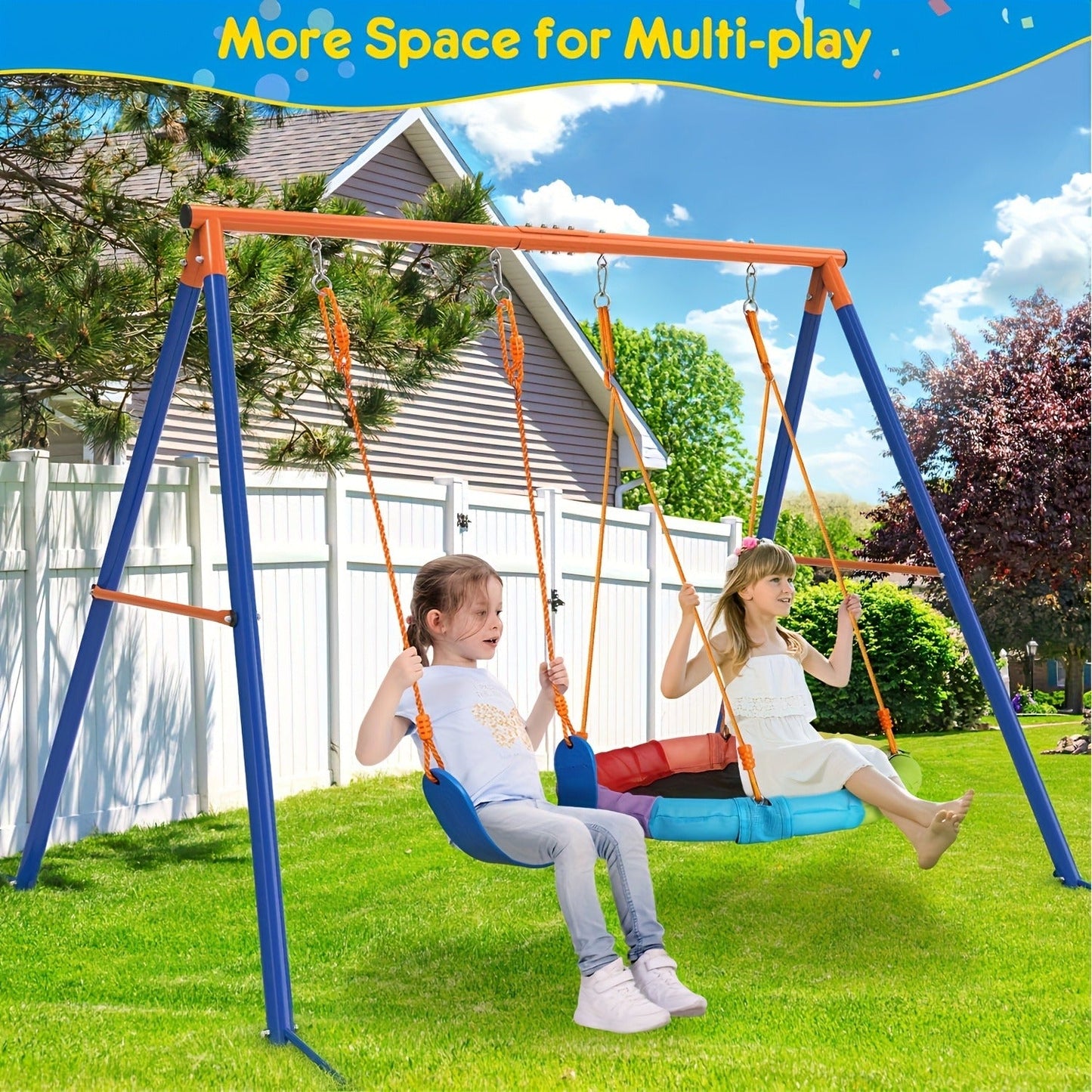 Outdoor Swing Set for Kids 3-in-1 Metal A-Frame 550 lbs Disc Saucer Swing Backyard Playground