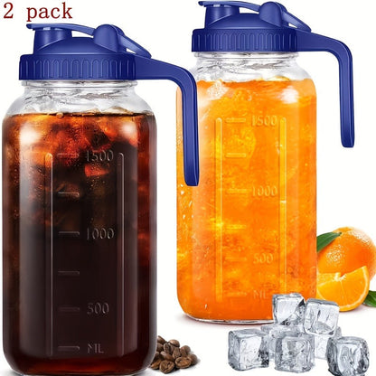 64oz Glass Pitcher with Handle – Leak-Proof Wide Mouth Mason Jar Water Jug, Pour Spout Lid, 2 Quart Portable Canteen for Camping, BBQ, Fridge & Outdoor Entertaining (2-Pack / 3-Pack)