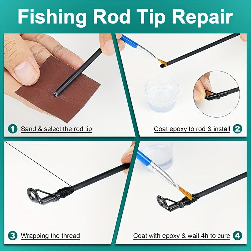 Fishing Rod Repair Kit with Top Rings Guides AB Epoxy Glue Winding Line Textured Paper Complete Rod Break Fix Set Iron Rod Guides Replacement Supplies FRT-02