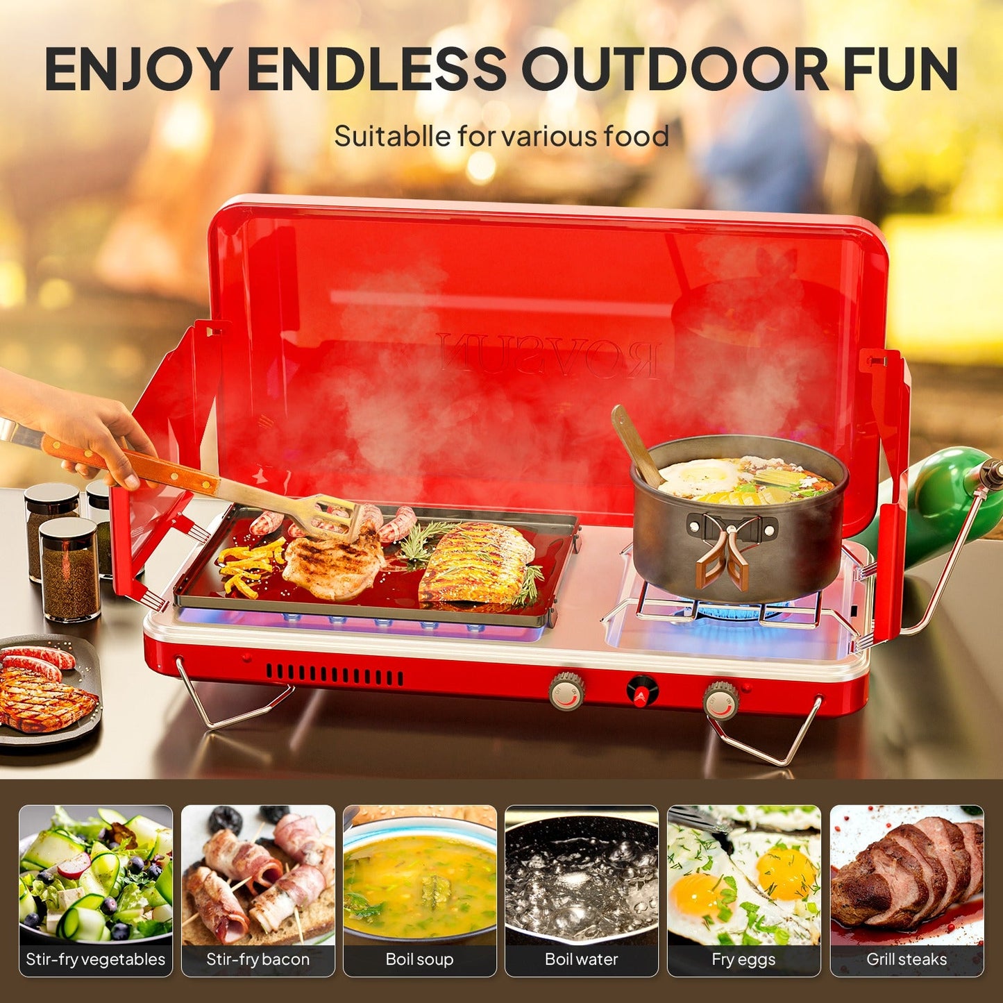 Camping Stove with Oven 2-in-1 – Portable Propane Double Burner 16,000 BTU & Outdoor Oven Combo with Auto-Ignition & Thermometer | Camping, Backyard & Picnic Cooking