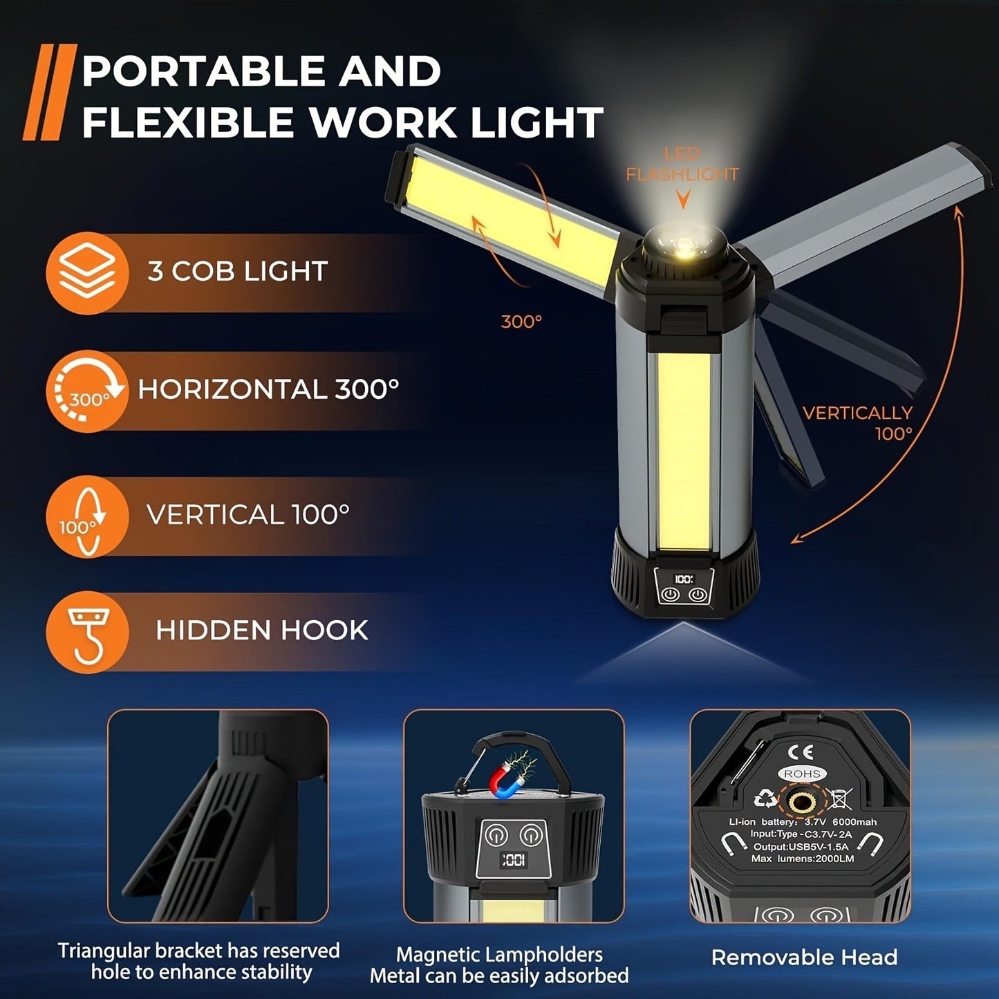 LED Camping Lantern with Tripod Stand, 6000/14500mAh Rechargeable Work Light, 10 Light Modes, 3 Height Adjustments, USB Powered Portable Outdoor Flashlight for Camping, Emergency & Courtyard Use