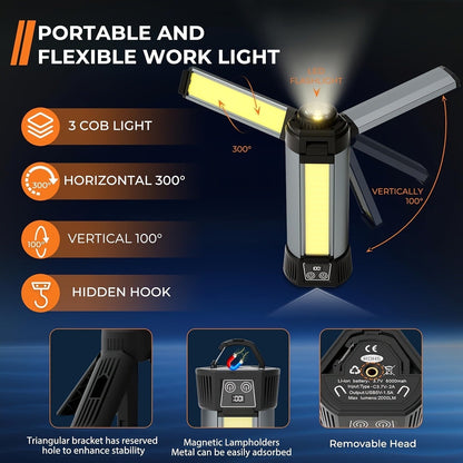 LED Camping Lantern with Tripod Stand, 6000/14500mAh Rechargeable Work Light, 10 Light Modes, 3 Height Adjustments, USB Powered Portable Outdoor Flashlight for Camping, Emergency & Courtyard Use