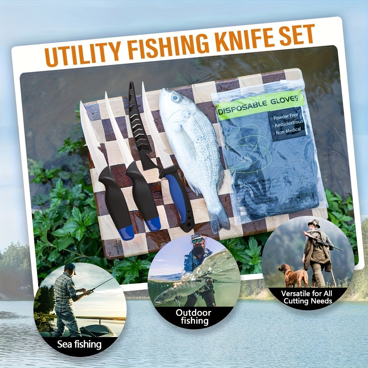 Fishing Knife Set 3-Piece Stainless Steel Fillet Boning Knife with Cut Resistant Gloves Fishing Line Cutter Stretch Rope for Fishing Camping Carving