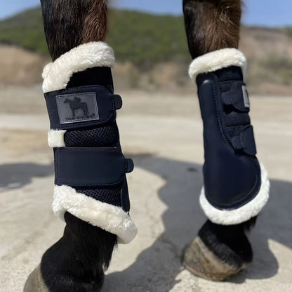 Horse Leg Wraps 1 Pair Breathable Mesh Faux Leather Protection Boots for Training Jumping, Quick-Fit Impact Absorbing Horse Leg Guards, Sizes S M L XL, Navy Blue Equine Leg Protection