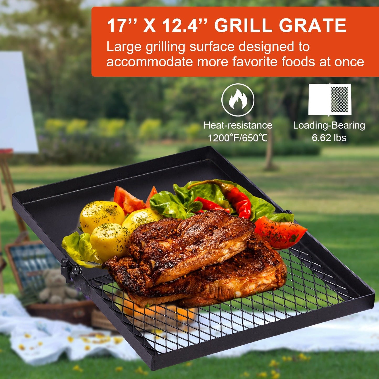 Portable Camping Grill Set – Heavy Duty Skillet Combo with Adjustable Grill Grate, Grill Pan & Carrying Bag – Steel & Iron Construction, 3 Size Options, Black Outdoor Cooking Kit