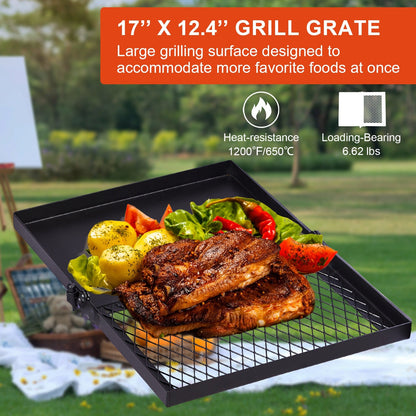 Portable Camping Grill Set – Heavy Duty Skillet Combo with Adjustable Grill Grate, Grill Pan & Carrying Bag – Steel & Iron Construction, 3 Size Options, Black Outdoor Cooking Kit