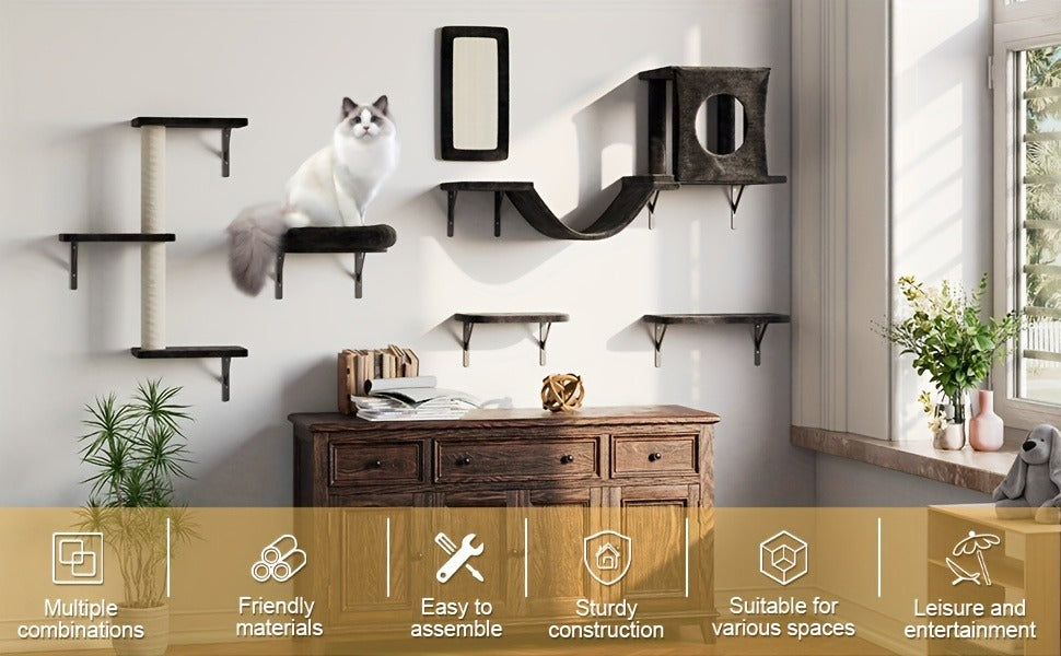 Cat Wall Shelf Climbing Set – 7-Piece Deluxe Wall Mounted Cat Furniture with Condo, Scratching Post, Bridge, Ladder & Tunnel for All Cat Sizes