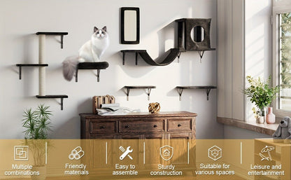 Cat Wall Shelf Climbing Set – 7-Piece Deluxe Wall Mounted Cat Furniture with Condo, Scratching Post, Bridge, Ladder & Tunnel for All Cat Sizes