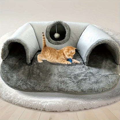 Cat Tunnel Bed 3-in-1 Play Mat & Warm Nest with Non-Slip Base, Durable Chew-Resistant Polyester Cat Bed for Indoor Cats, Soft Gray White Design, S & M Sizes for Cats Rabbits Hamsters