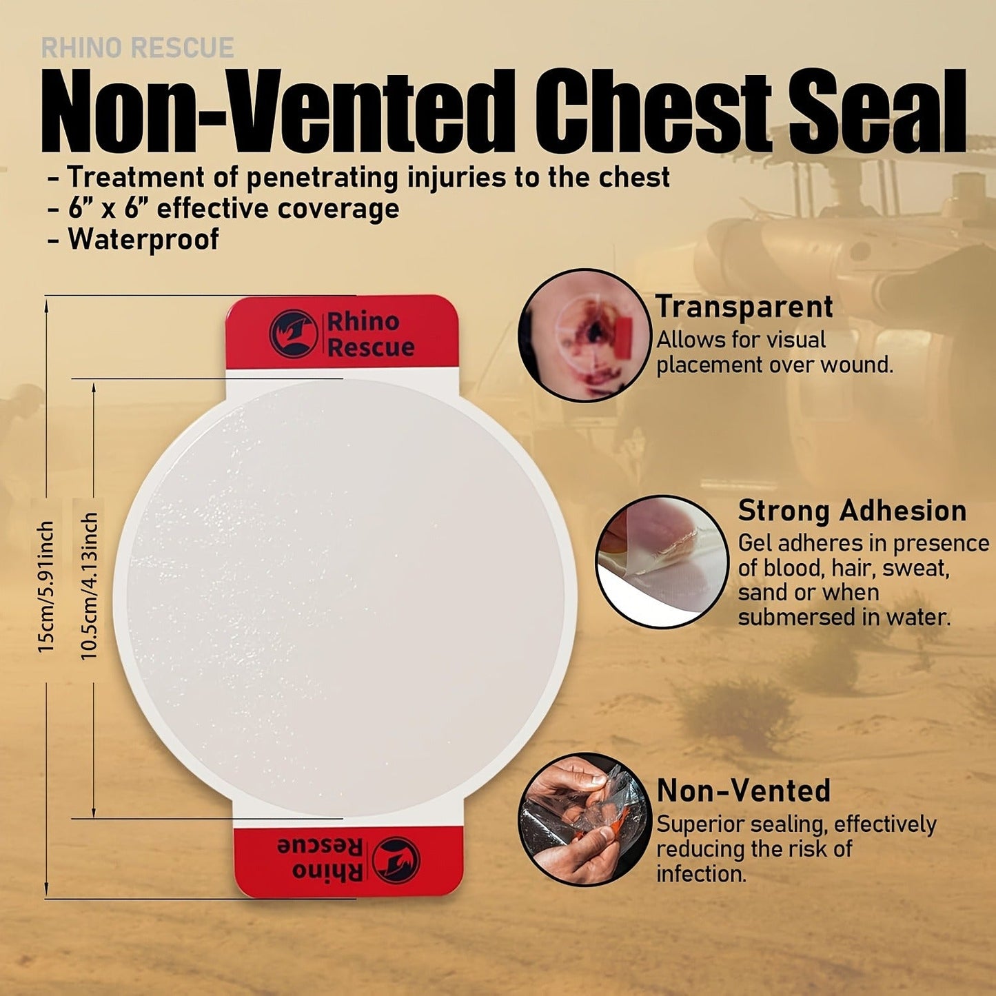 Non-Vented Chest Seal Emergency Trauma Dressing for Sucking Chest Wounds, Portable IFAK Medical Supply PA Nylon FSA HSA Eligible, Pack of 2 or 6 Tactical First Aid Chest Seal